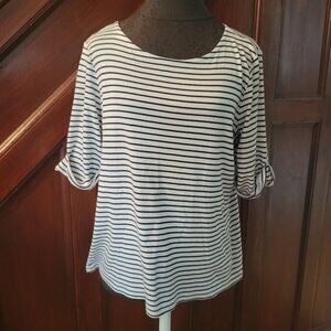 Christopher & Banks Womens Striped 3/4 Sleeve Top Roll-Tab Cuffs Size M 100% Cot